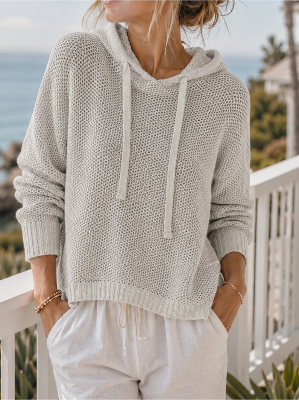 Rachel Zoe 100% Cotton Waffle Knit Hoodie Sweatshirt Size Large